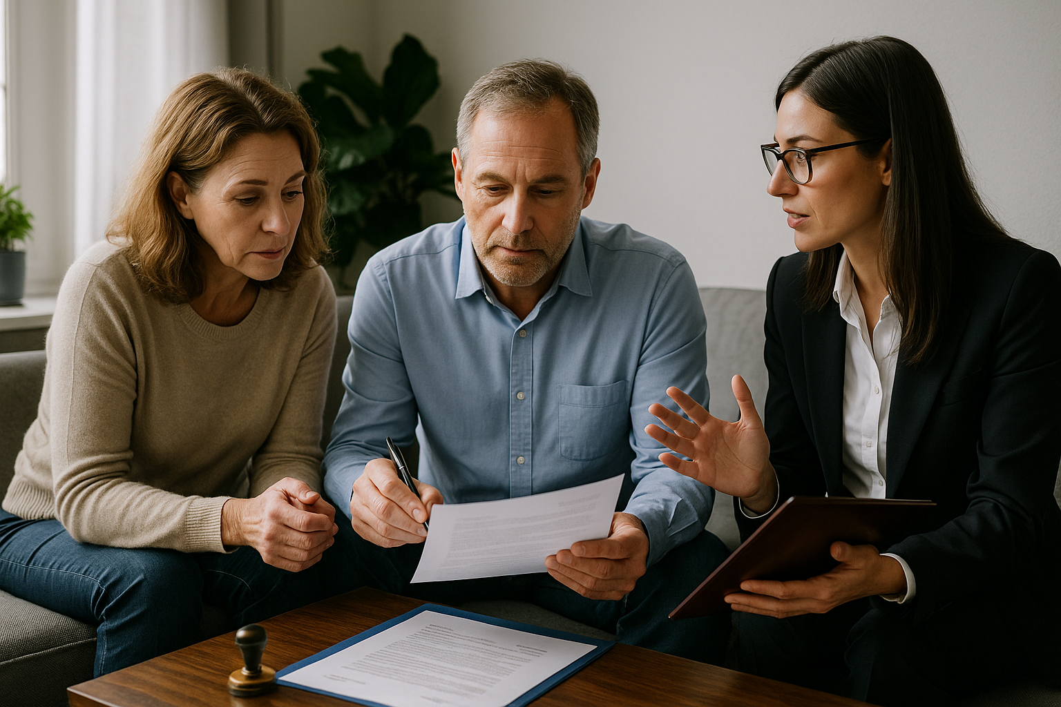 Couple reviewing living trusts with attorney at table, documents and notary present