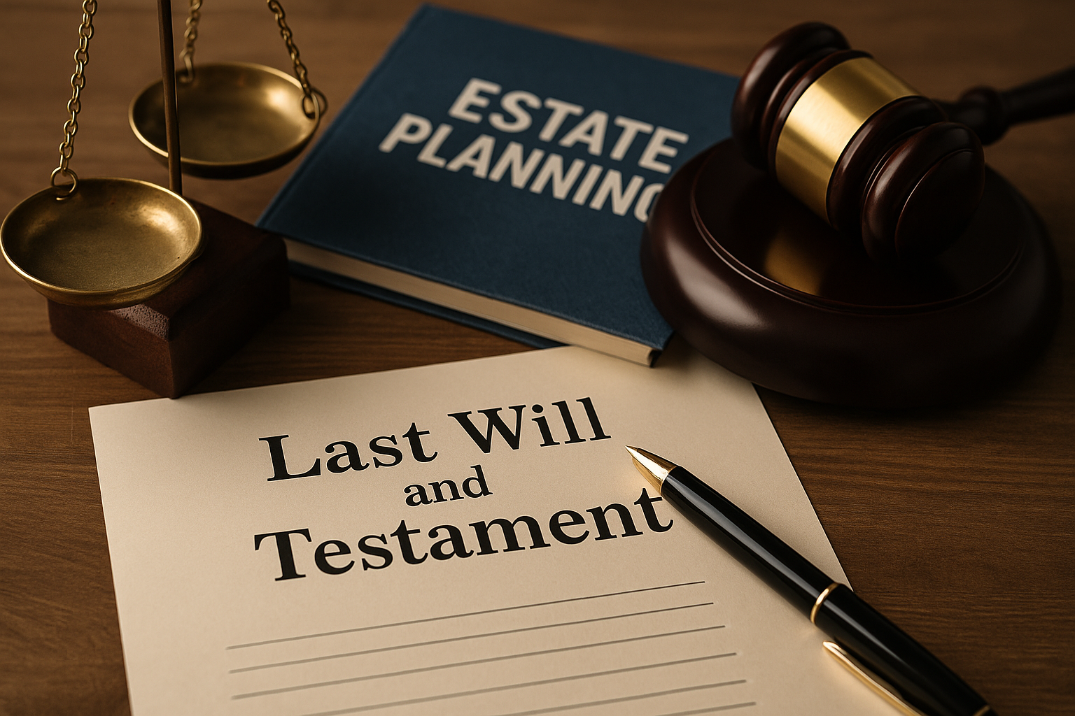 Family reviewing estate planning documents at a table in a warm, well-lit law office setting