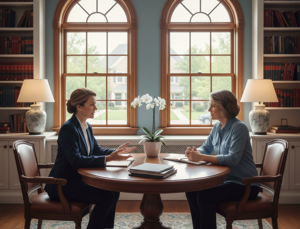 A photograph showing a family meeting with an elder law attorney in a calm office